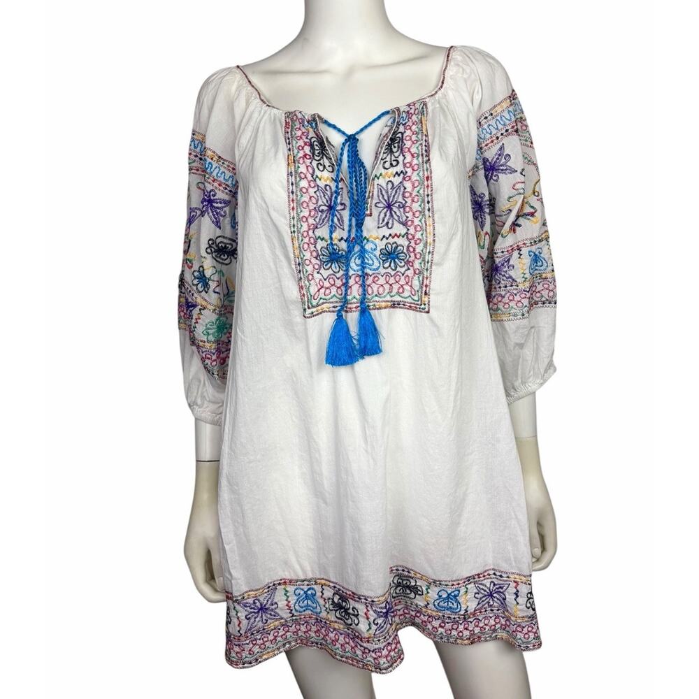 Juliet Dunn London Women's 1 White Embroidered Mexican Cotton Boho Blouse EUC